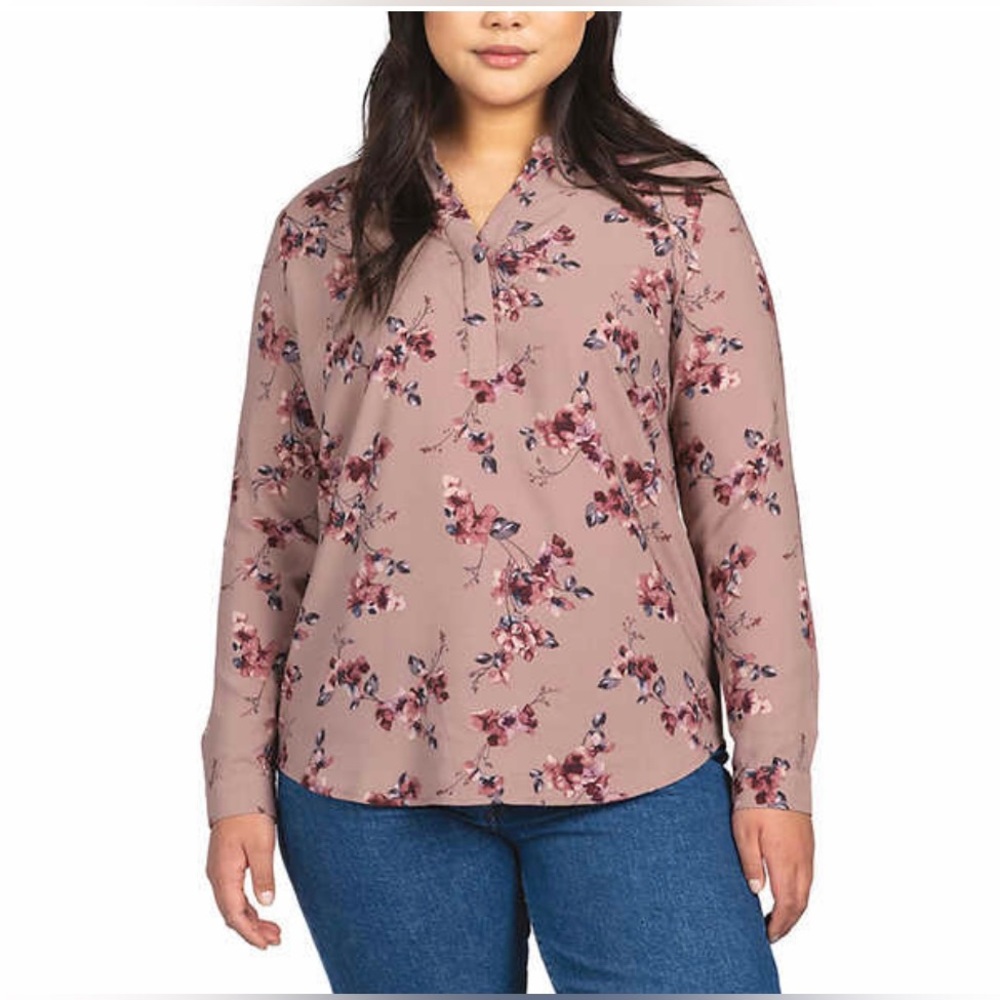 HILARY RADLEY LONG SLEEVE BLOUSE PINK FLOWER MEDIUM HIGH LOW HEM NEW TAGS